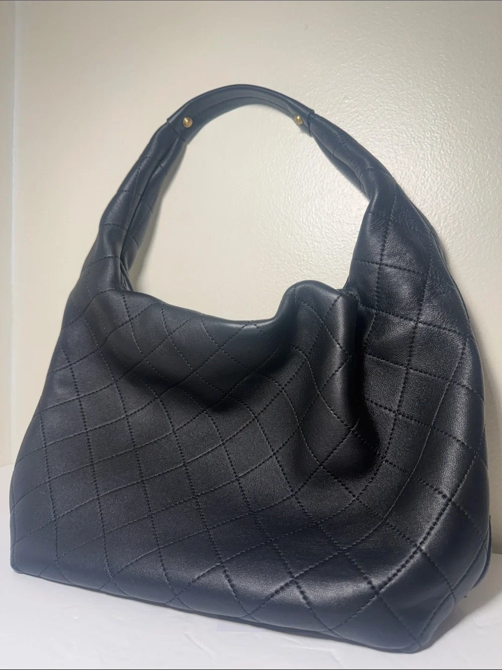 Black Quilted Leather Hobo with Gold Chain Accent